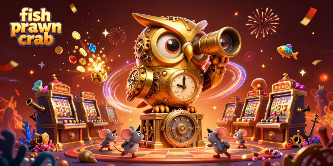 Experience the thrill of fish prawn crab in a vibrant casino scene with a golden owl and treasure.
