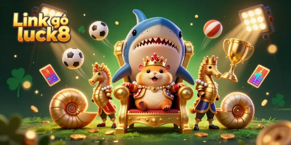 Engage with Link vào luck8: Explore a vibrant casino scene featuring a hamster king and sports elements.