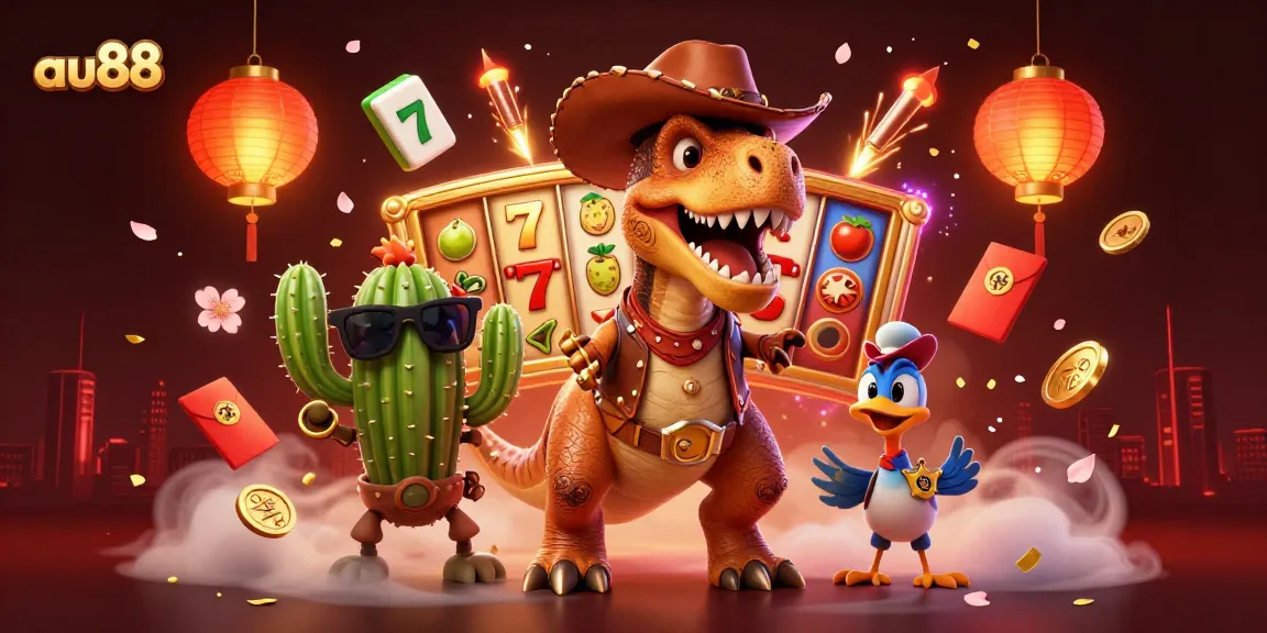 Enter the thrilling world of au88 with a cowboy T-Rex, slot reels, and vibrant casino elements!
