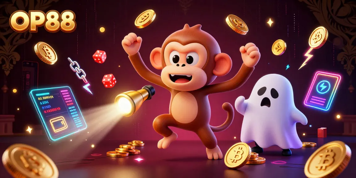 OP88 captures the excitement of winning with a poltergeist monkey juggling casino items in a haunted setting.