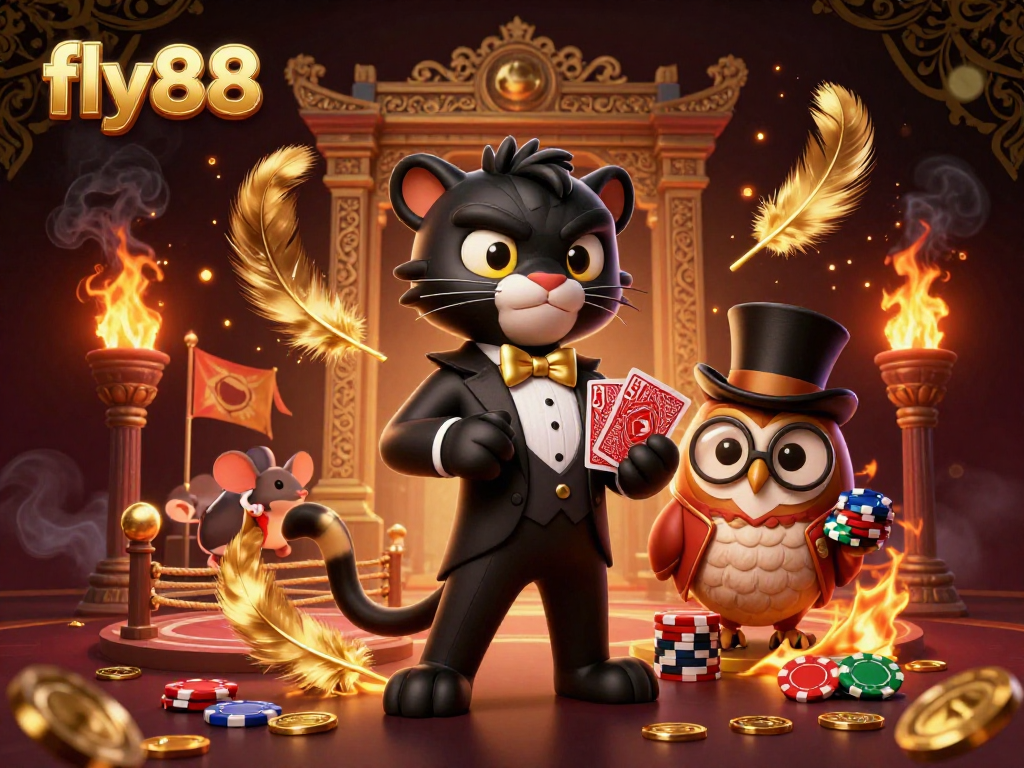 Experience thrilling gameplay action with fly88 featuring a panther dealer, owl with poker chips, and a lucky mouse.