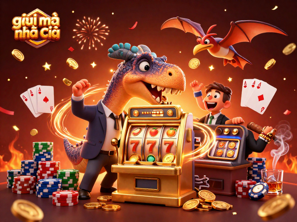 Engage in giải mã nhà cái with this vivid 3D scene of a dinosaur jackpot celebration at a casino.