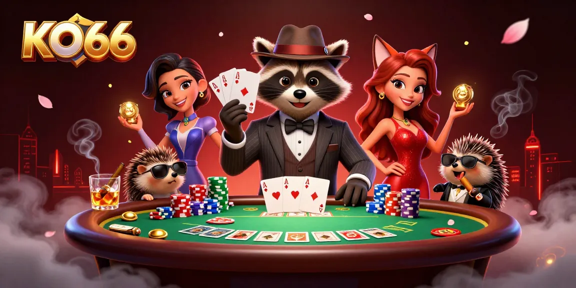 Experience thrilling gameplay at KO66 while enjoying a dazzling poker night with a charming raccoon and friends.