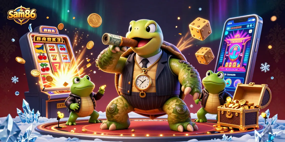 Experience excitement at sam86 with a dynamic casino scene featuring a turtle in a mobster suit!