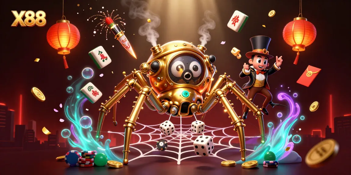 X88 captures the excitement of casino gaming in stunning 3D art, featuring a whimsical spider and floating game elements.