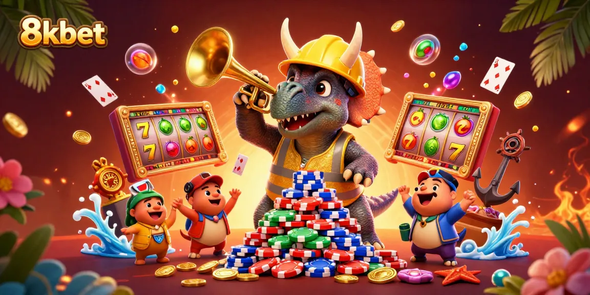 Engage with 8kbet's vibrant casino adventure, featuring dynamic characters building excitement with poker chips.