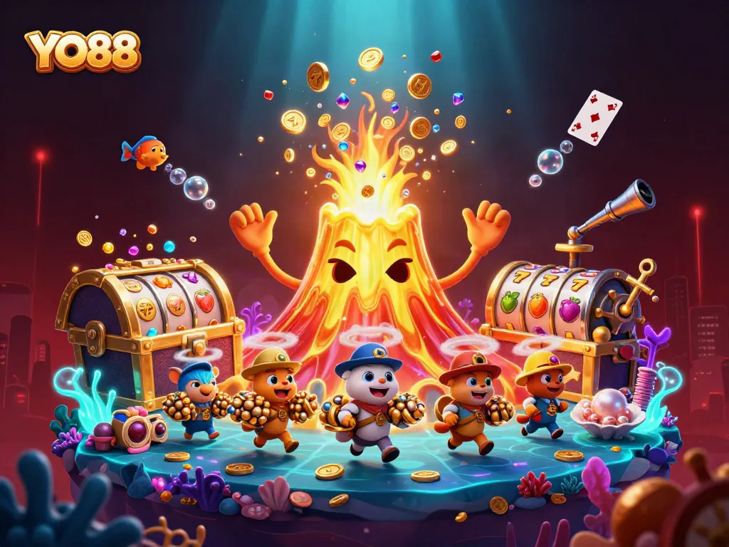 Engage in thrilling casino adventures with YO88's dynamic gaming visuals featuring golden treasures.