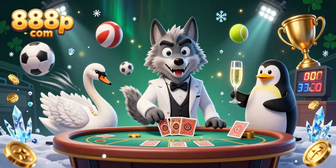 Experience thrilling action at 888p com with a dynamic scene featuring a wolf, swan, and penguin at a casino.