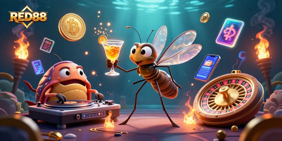 Engage with RED88's dynamic casino world featuring Bitcoin coins and a vibrant roulette wheel.