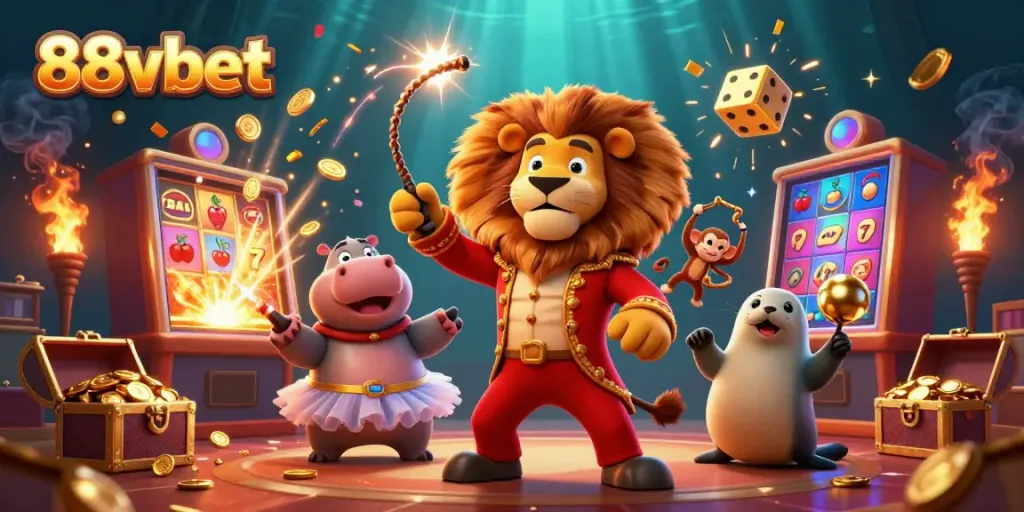 Experience the thrill of 88vbet with a vibrant 3D circus scene featuring casino games and characters.