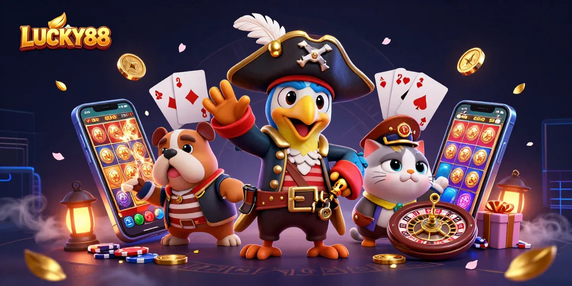 Experience thrilling action with LUCKY88 as pirate characters celebrate slot game wins!