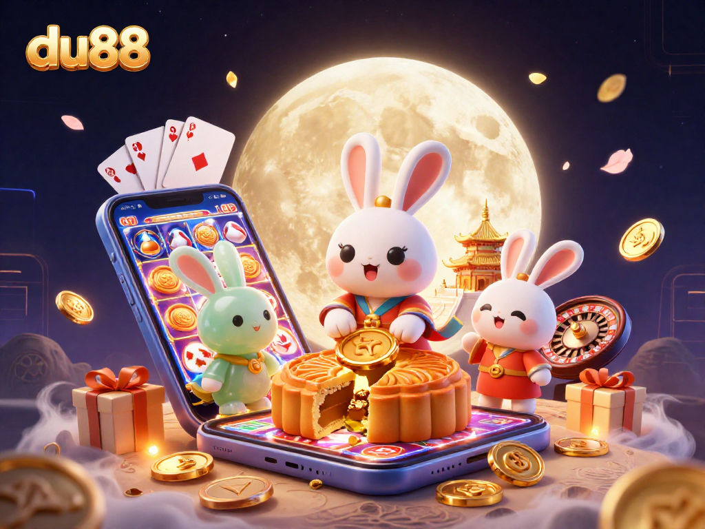 du88 brings luck as a moon rabbit pounds mooncakes revealing poker chips on the lunar surface.