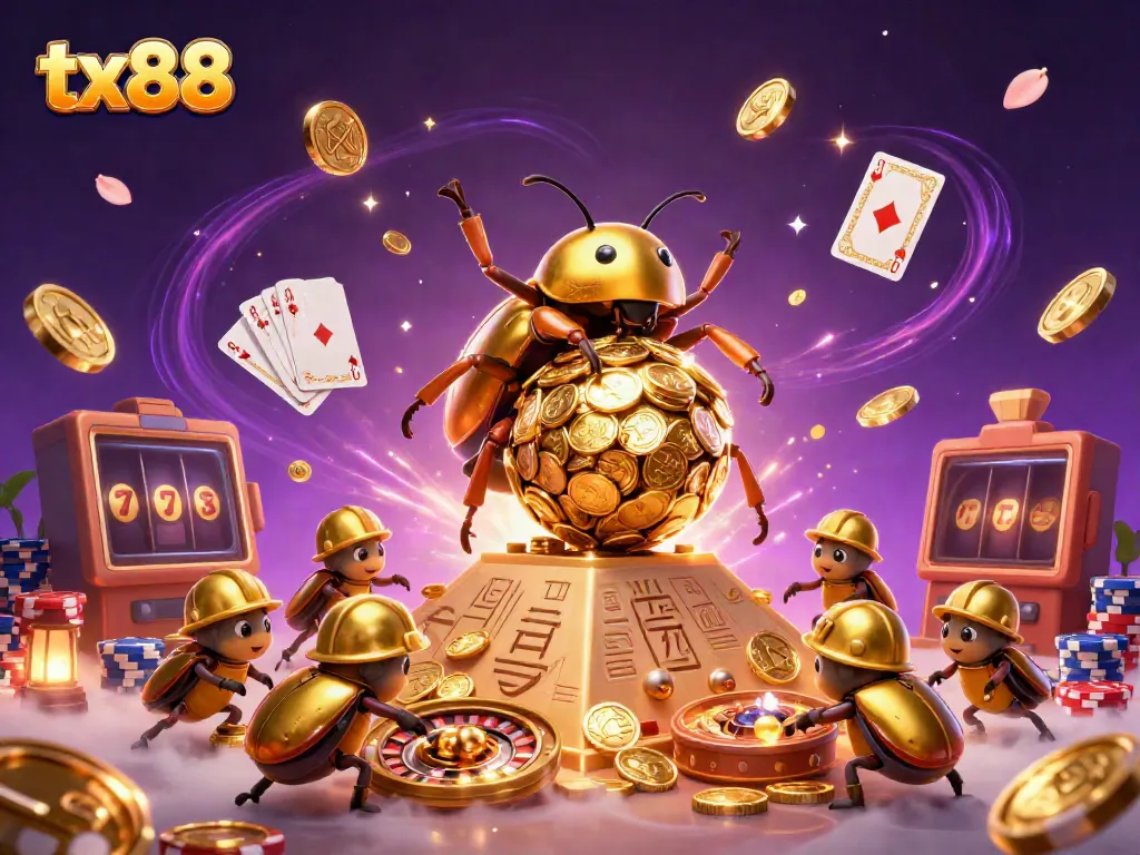 Experience thrilling gameplay at tx88 with golden beetles and casino symbols in a vibrant scene.