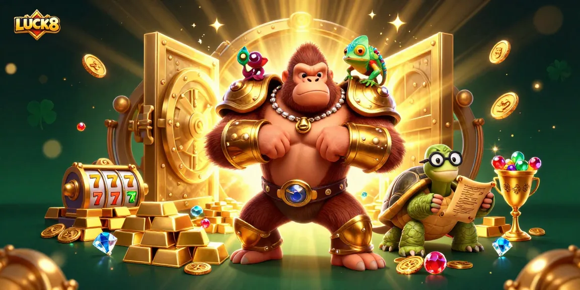 Engage in thrilling gameplay at LUCK8 with a gorilla king and treasure-filled scene, showcasing online casino excitement.