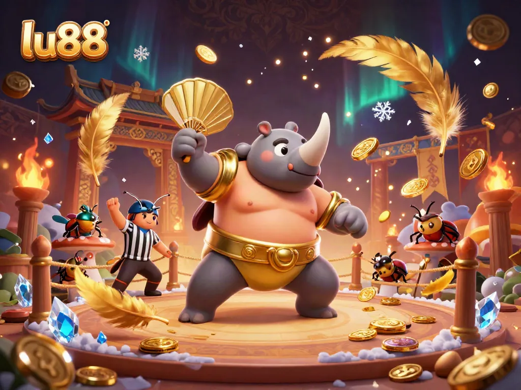 Experience enriched gameplay at lu88 as a rhinoceros beetle champion sends golden coins soaring during a thrilling sumo match.