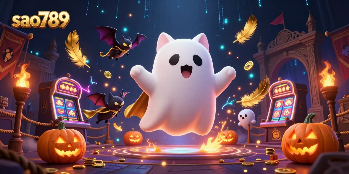 Experience thrilling games at sao789, where ghostly characters and vibrant casino elements create an exciting atmosphere.