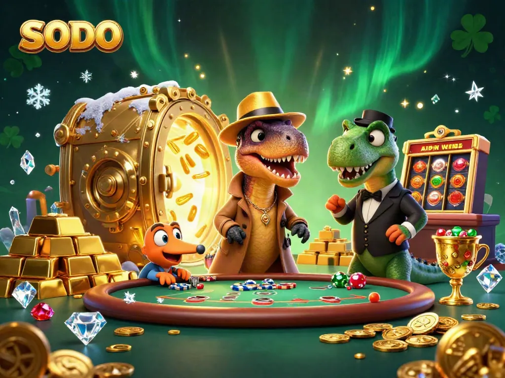SODO vibrant casino scene with a velociraptor card counter, stegosaurus pit boss, and gems.