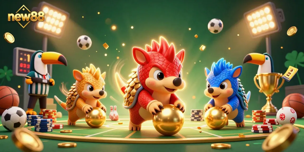 Experience dynamic gaming action with new88 featuring rival pangolins bowling through poker chips.