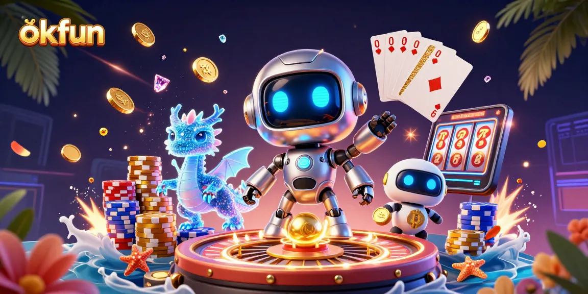 Experience the excitement of okfun with this vibrant 3D scene featuring casino elements and characters