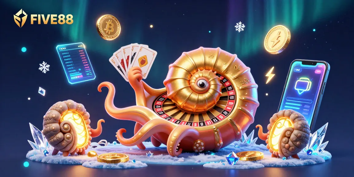 Engage with dynamic FIVE88 casino illustration featuring a giant nautilus roulette and glowing cryptocurrency elements.