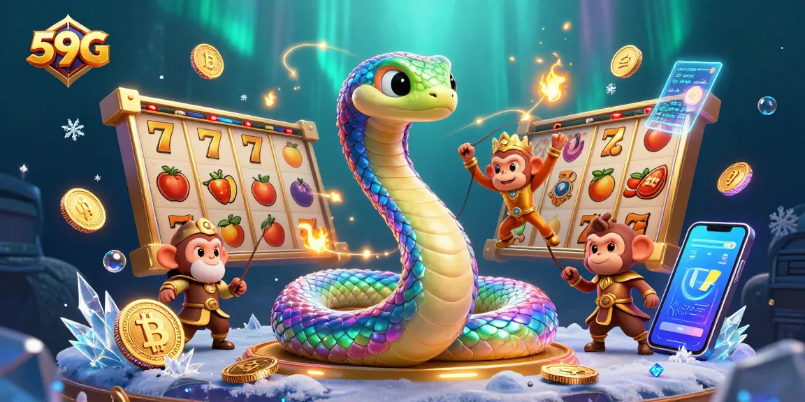 Experience thrilling victories with 59G in this vibrant casino scene filled with slot machines and playful characters.
