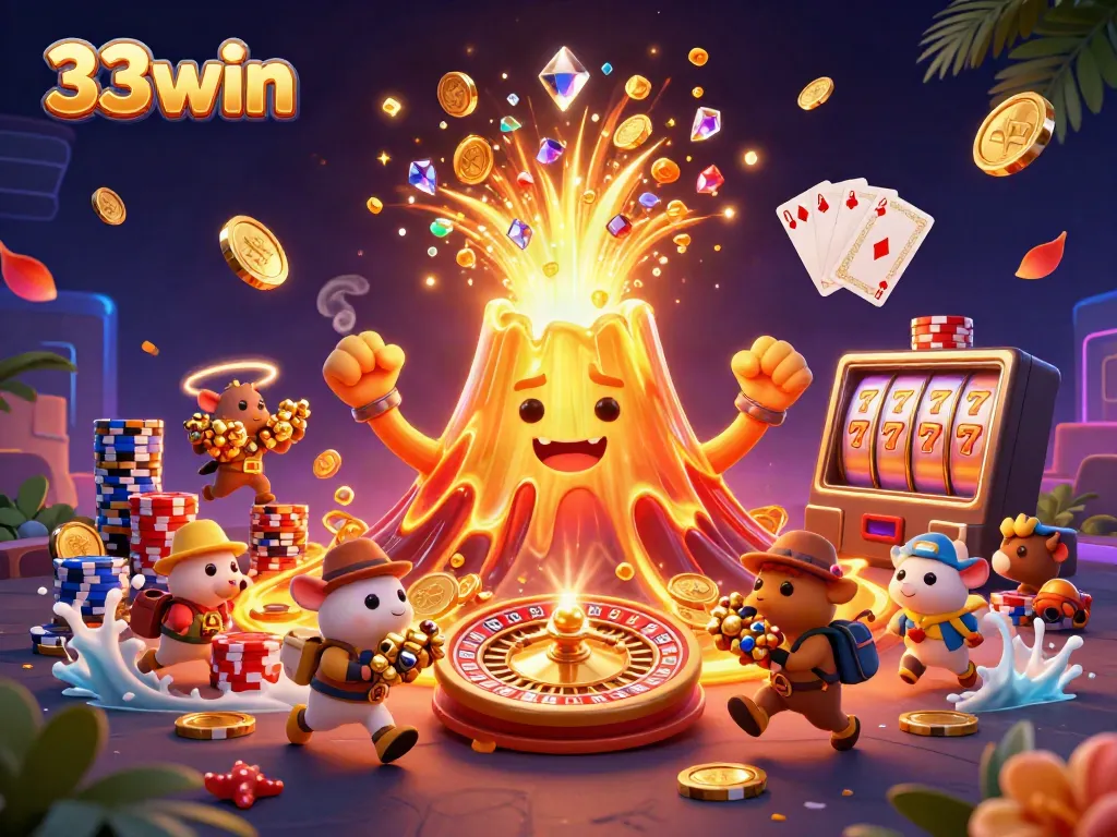 Experience the excitement of 33win with a victorious golden volcano and treasure-filled adventure.