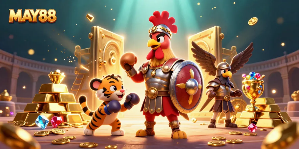 MAY88 showcases a thrilling casino adventure with dynamic characters amidst treasures and gaming elements.