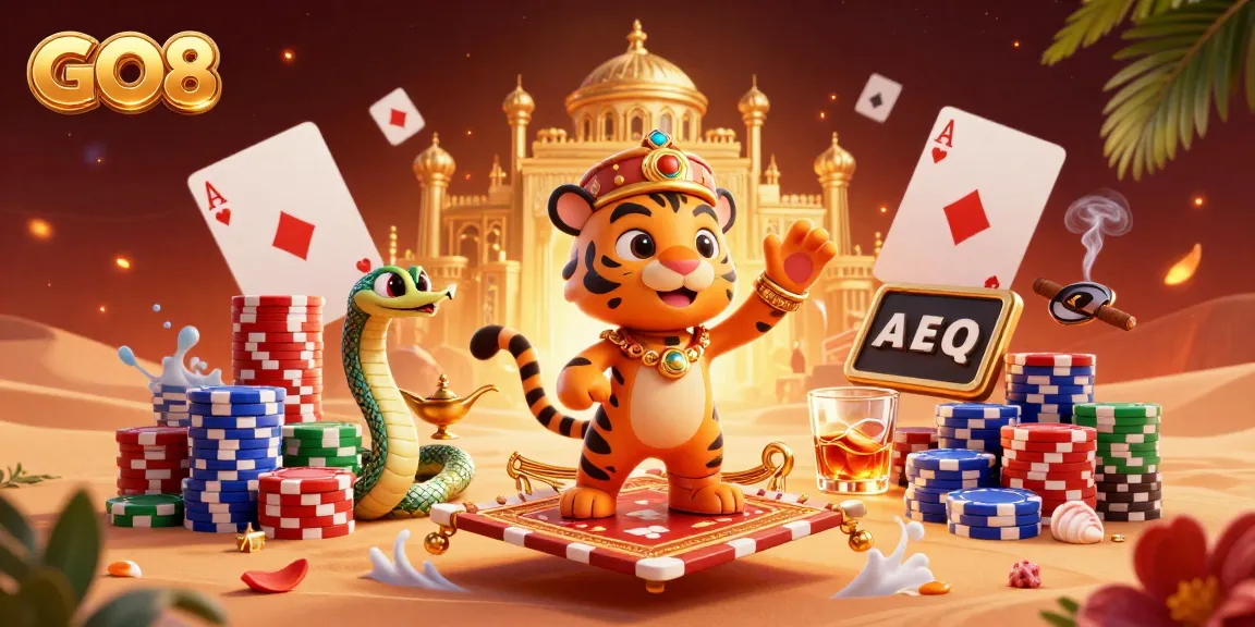 Experience dynamic GO8 gaming with a sultan and genie in a vibrant casino scene.