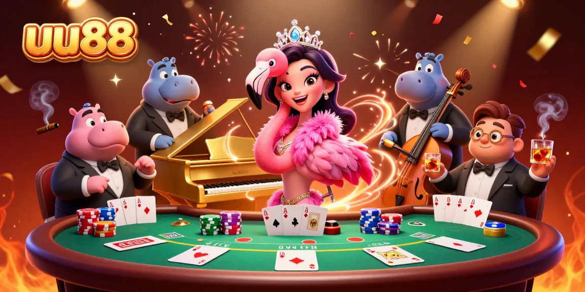 Engage with uu88's vibrant casino scene featuring a flamingo singer and hippo bassist surrounded by poker elements.