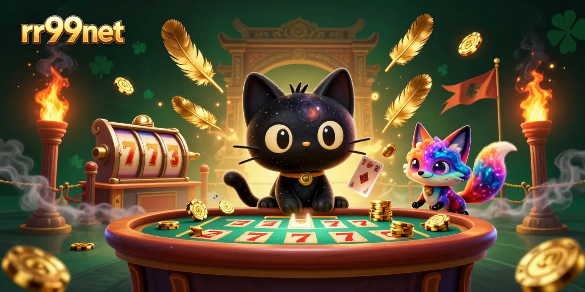 Experience the thrill of rr99net with dynamic casino action featuring a cosmic black hole cat and colorful nebula fox.