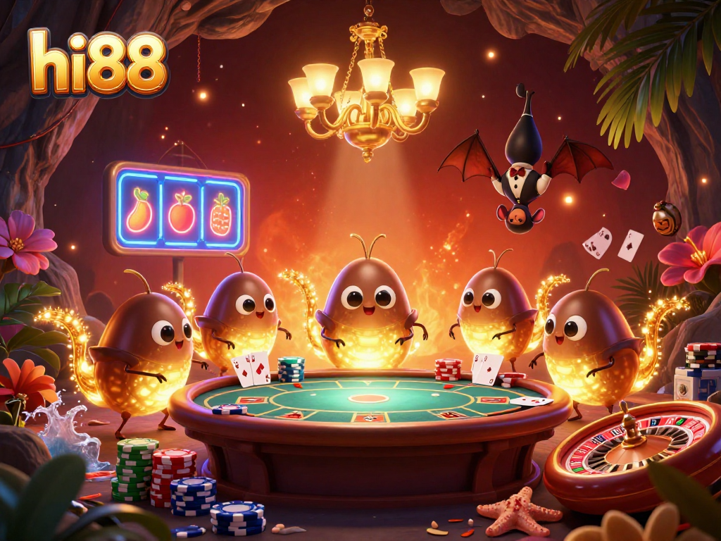 Experience high-energy poker action at hi88 with a vibrant cave casino lit by glowworms.