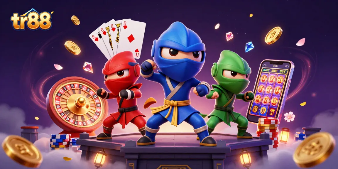 tr88 showcases a dynamic scene with ninja chameleons, casino elements, and vibrant action.