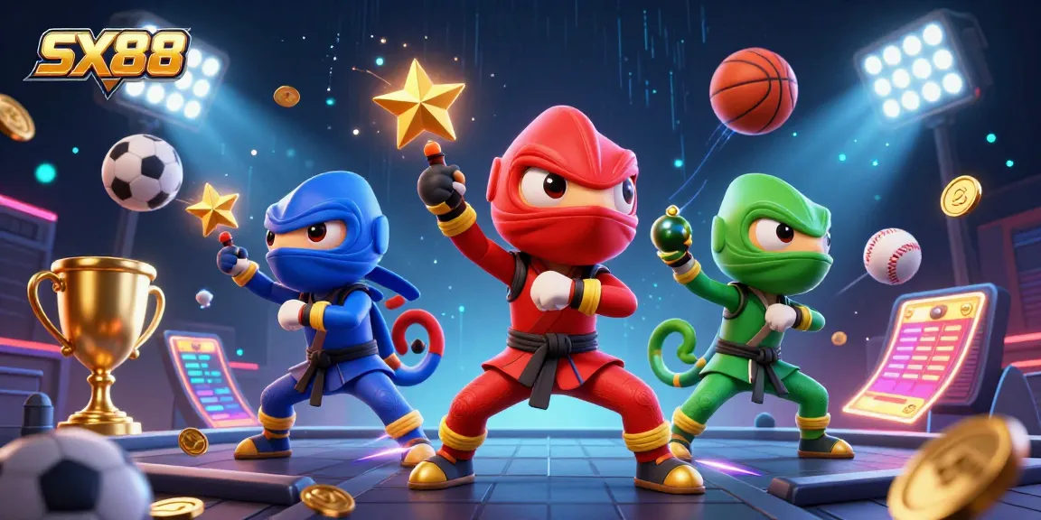 SX88's ninja chameleon team showcases thrilling action in a vibrant online casino scene.