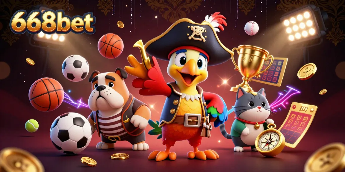 Betting strategy at 668bet illustrated with a pirate captain and friends amid sports elements.
