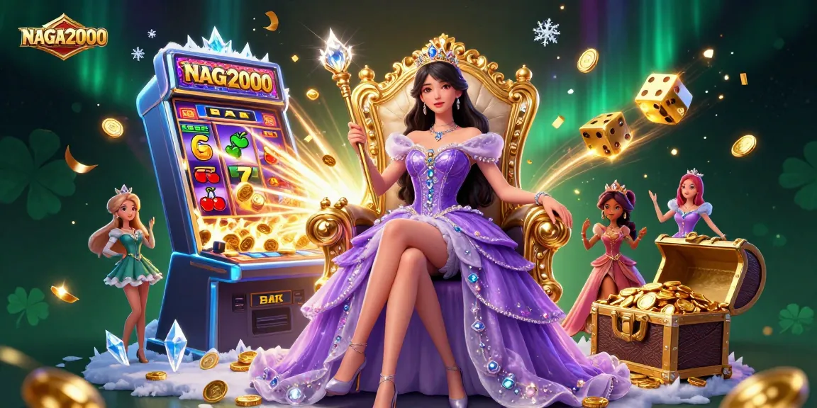 NAGA2000 menampilkan adegan jackpot yang glamor dengan wanita Asia yang cantik dan elemen kasino yang cerah.