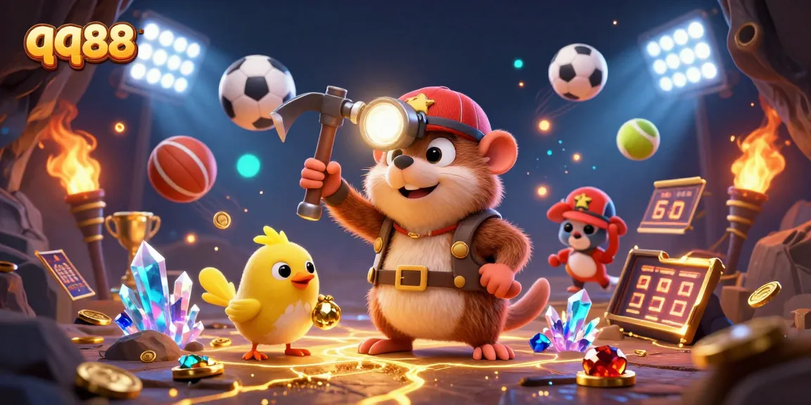 Explore vibrant qq88 gambling action with a treasure hunter mole and dynamic sports elements in an exciting 3D scene.