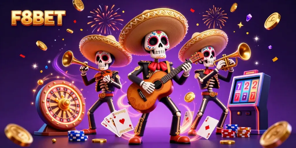 Experience the thrill of F8BET with a lively skeleton mariachi band amid dazzling casino elements.