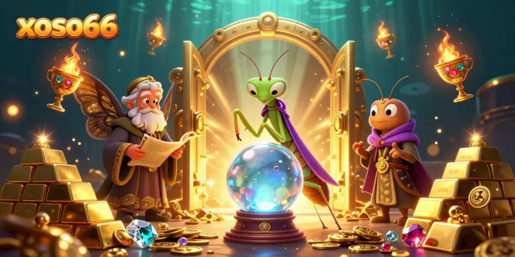 Immerse in the vibrant world of xoso66 with a cartoon fortune teller and treasures galore.