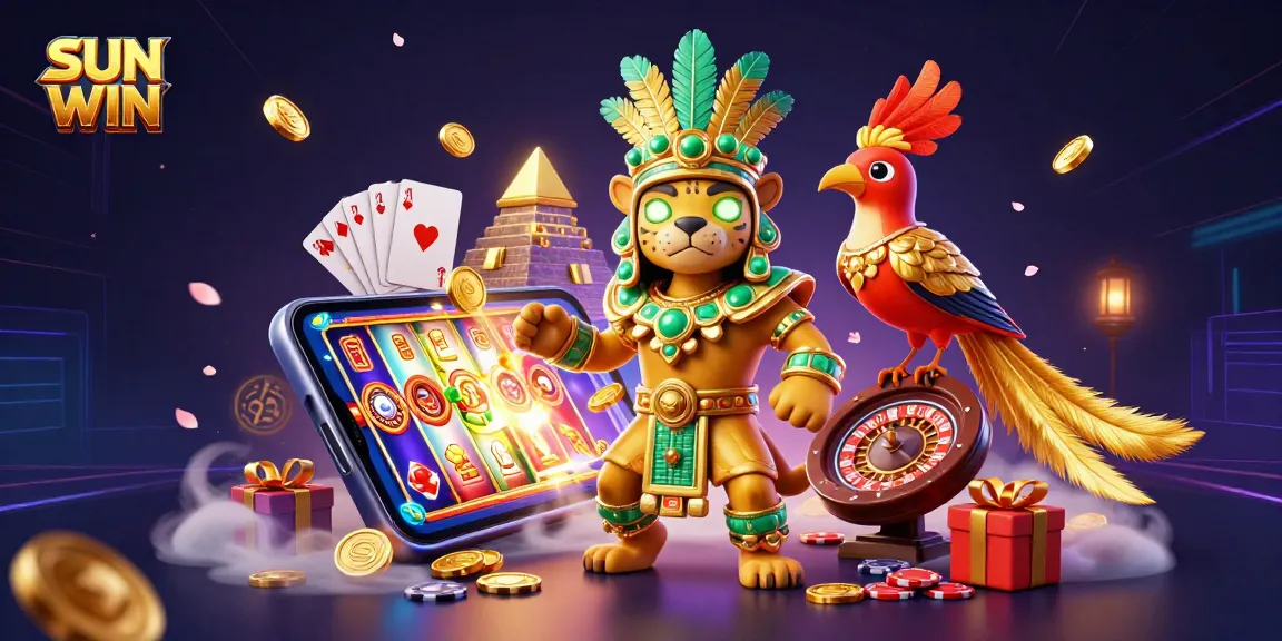 Experience thrilling gaming at SUN WIN with vibrant 3D illustrations of dynamic casino elements.