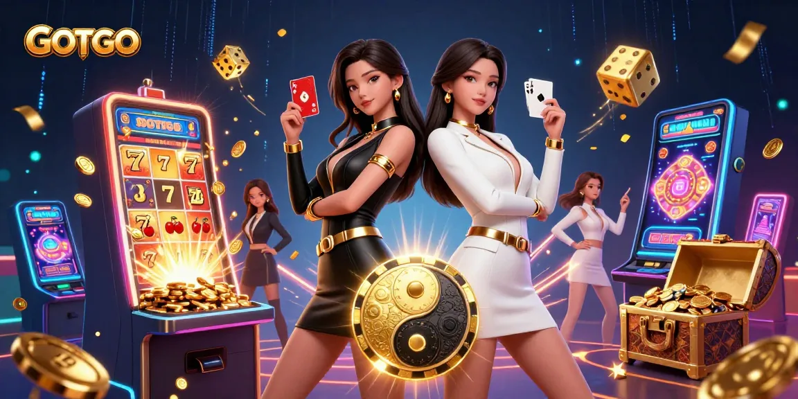 Terlibatlah dengan kegembiraan permainan GOTOTO saat dua wanita Asia menunjukkan kartu poker yang mendebarkan di tengah suasana kasino yang hidup.