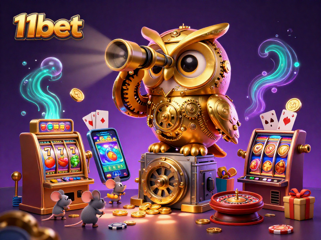 Experience thrilling 11bet slot action with a vibrant scene of golden owl, slots, and dynamic game elements.