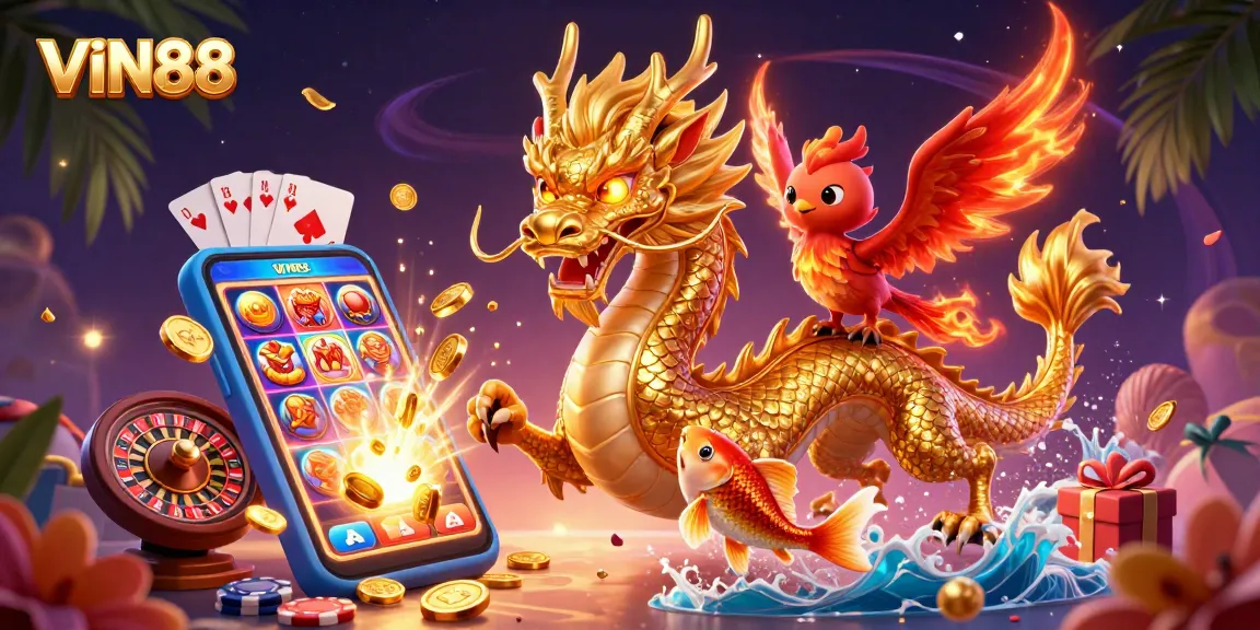 Experience the excitement of VIN88 with dazzling games featuring golden dragon and koi fish amid vibrant casino elements.