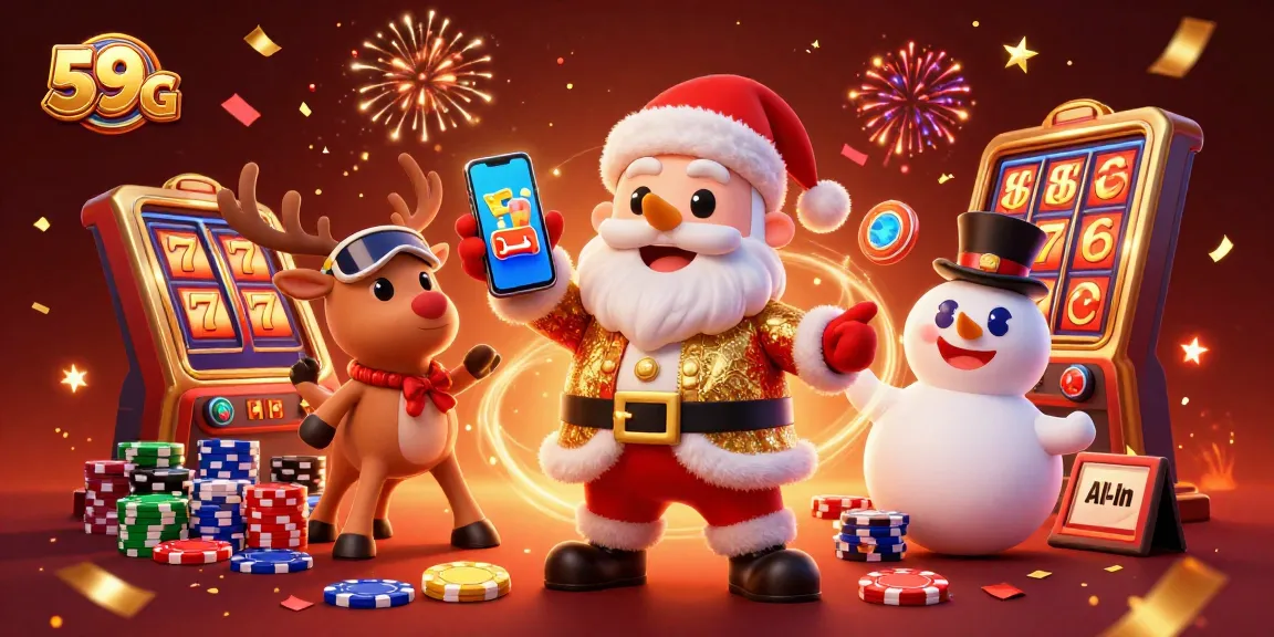 Winning big with 59G as Santa spins jackpot slots with friends, immersing in a vibrant casino atmosphere.