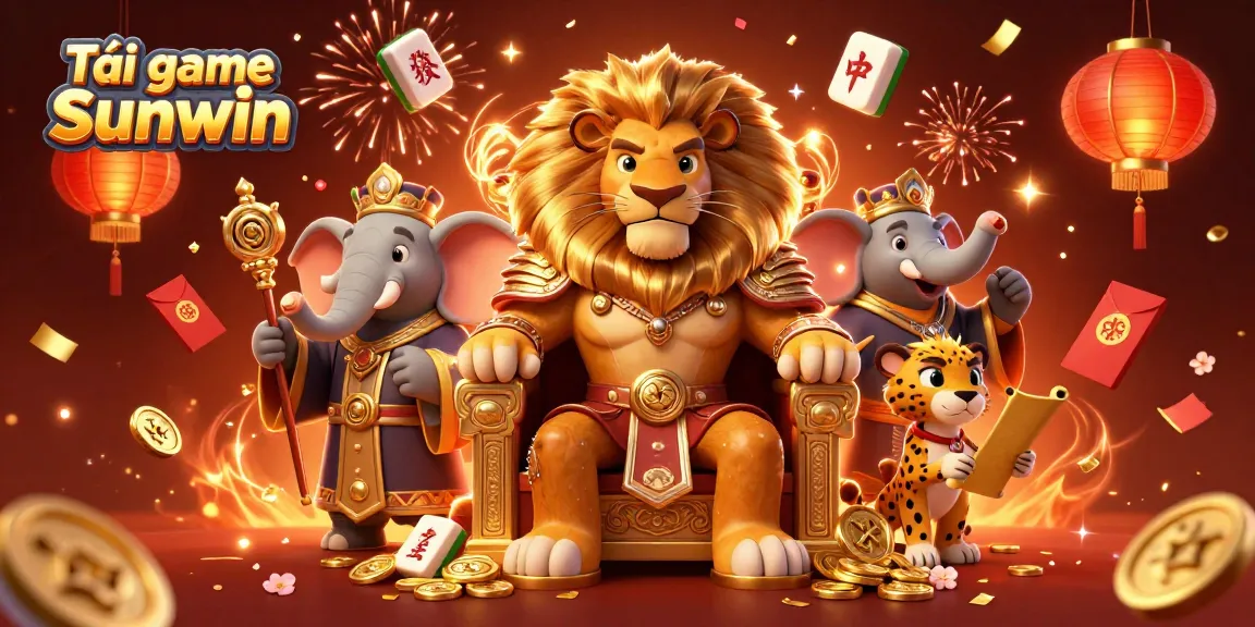 Tải game Sunwin with vibrant 3D illustration of a lion king, elephant advisor, and cheetah messenger amidst casino themes.