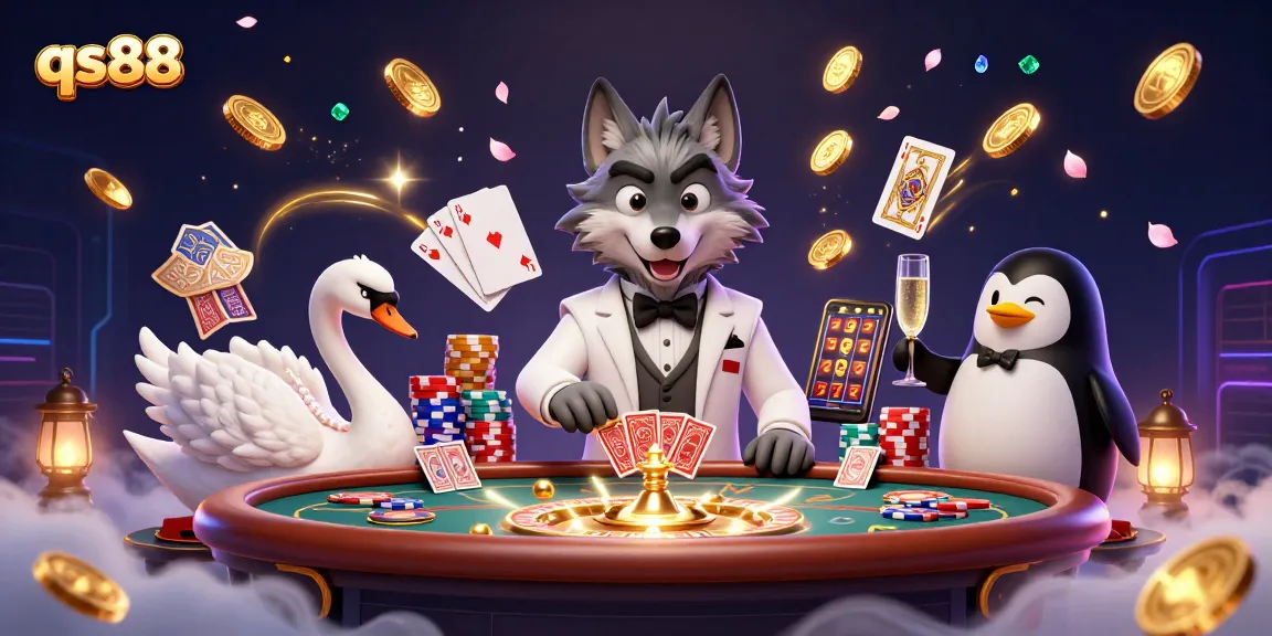 Experience thrilling gameplay at qs88 with a debonair wolf, swan dealer, and penguin sommelier amidst casino excitement.