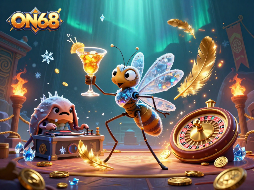 Experience thrilling gameplay at ON68 with a dynamic scene featuring casino elements and characters.