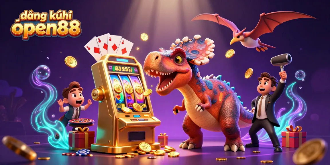 Experience the excitement of đăng ký open88 with a dynamic casino scene featuring a dinosaur at a slot machine.