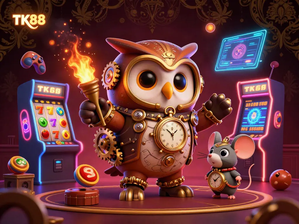 Engage in thrilling slot action with TK88 featuring an owl and vibrant casino elements.