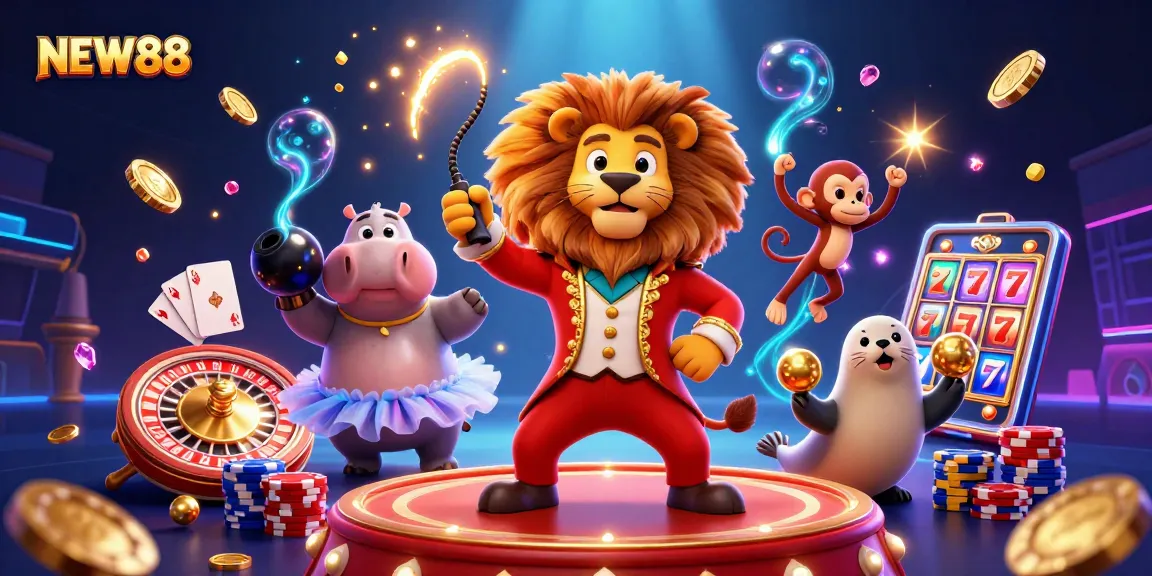 Experience thrilling games at NEW88 with a dazzling circus scene of vibrant characters and casino elements.