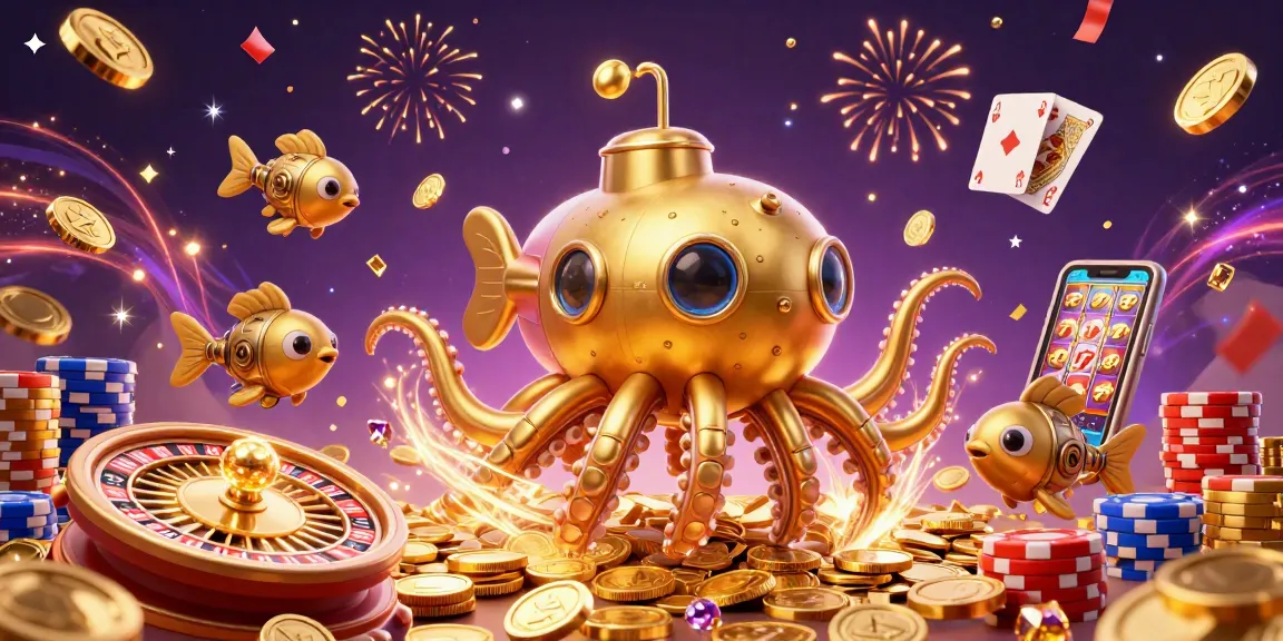 Experience the thrill of bandar togel with a golden kraken submarine exploring a treasure of coins, festive energy, and exciting game elements.